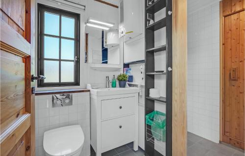 a bathroom with a toilet and a sink and a window at Stunning Home In Fan With Wifi in Fanø