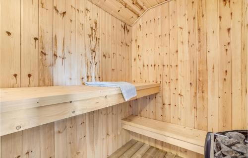 a wooden sauna with a towel on a shelf at Cozy Home In Hvide Sande With Wifi in Havrvig