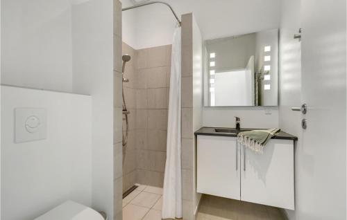 a bathroom with a shower and a sink and a toilet at Gorgeous Home In Ringkbing With House A Panoramic View in Søndervig