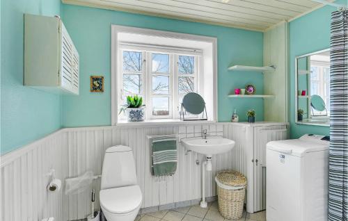 a bathroom with a white toilet and a sink at Awesome Home In Skrup Fyn With House A Panoramic View in Skårupøre