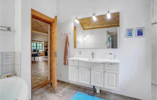 ein Badezimmer mit einem weißen Waschbecken und einem WC in der Unterkunft 3 Bedroom Amazing Home In Fars in Hvalpsund
