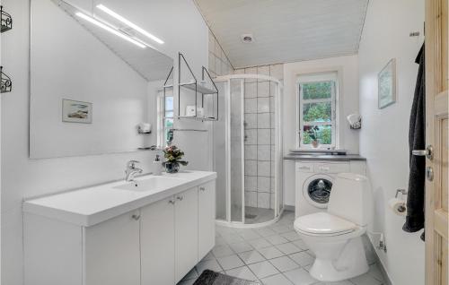 Baño blanco con aseo y lavamanos en Gorgeous Home In Fars With Kitchen, en Ertebølle