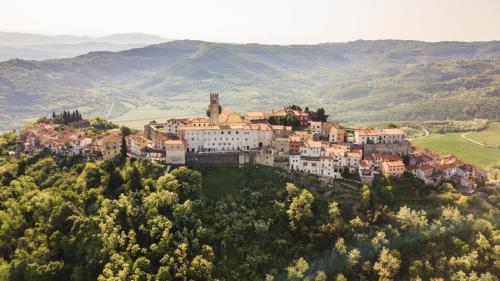 a town on a hill with mountains in the background at Villa Borgo B&B in Motovun