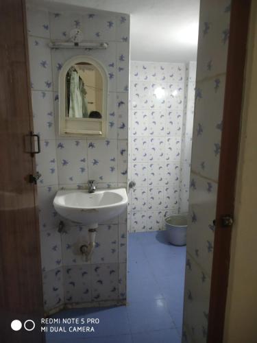a bathroom with a sink and a mirror at Jeyar Cottage in Kodaikānāl