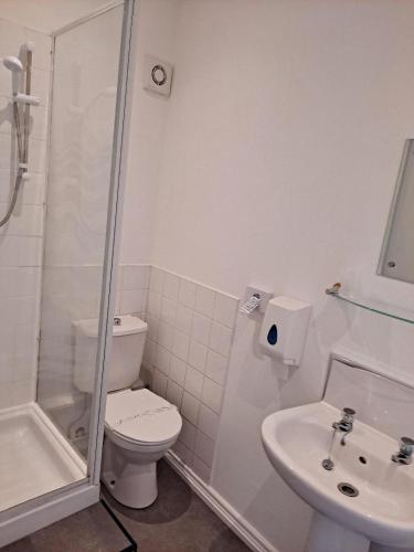 a bathroom with a toilet and a shower and a sink at The Sanderling in Morecambe