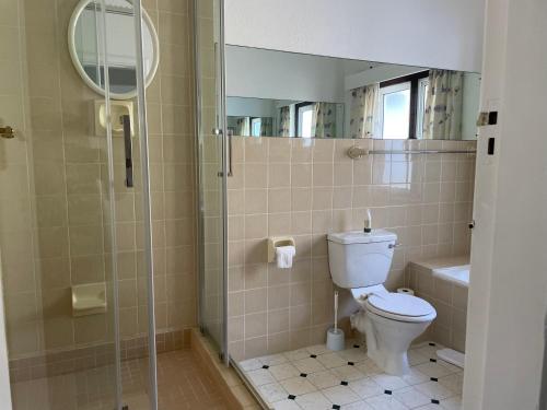 ein Bad mit einem WC und einer Dusche mit einem Spiegel in der Unterkunft On the Sea in Kapstadt