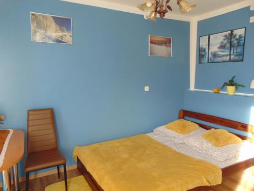 カシナ・ビエルカにあるPOD RÓŻĄの青いベッドルーム(ベッド1台、椅子付)