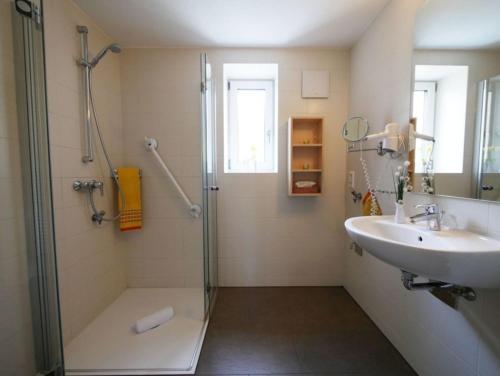 a bathroom with a shower and a sink at Ferienwohnung 2 in Ochsenhausen
