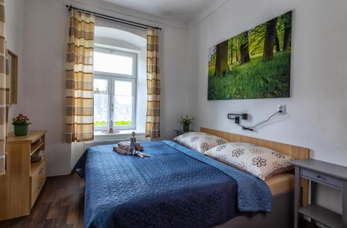 a bedroom with a blue bed and a window at Apartmány U Aloise in Dolní Morava