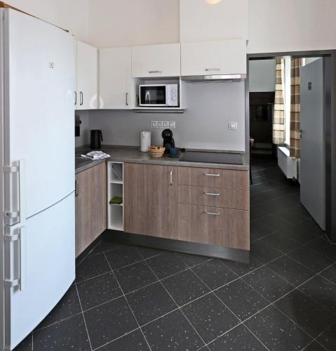 a kitchen with wooden cabinets and a white refrigerator at Apartmány U Aloise in Dolní Morava
