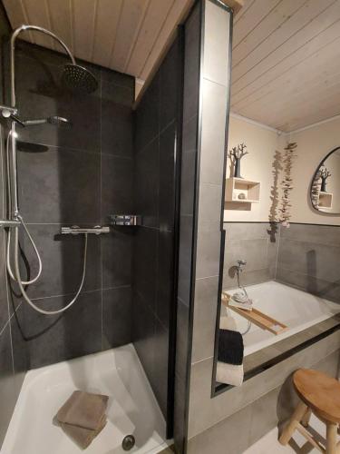 een badkamer met een douche en een bad bij Ferienwohnungen Traumblick im Nahetal in Bärenbach