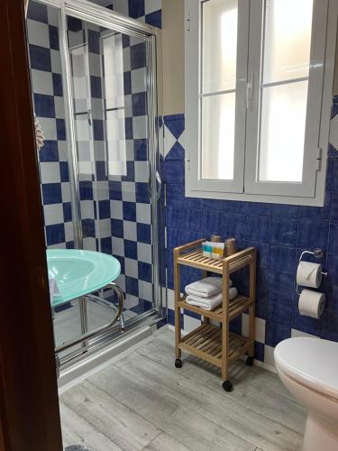 a bathroom with a shower and a sink and a toilet at Alameda Hostal Boutique in Tarifa