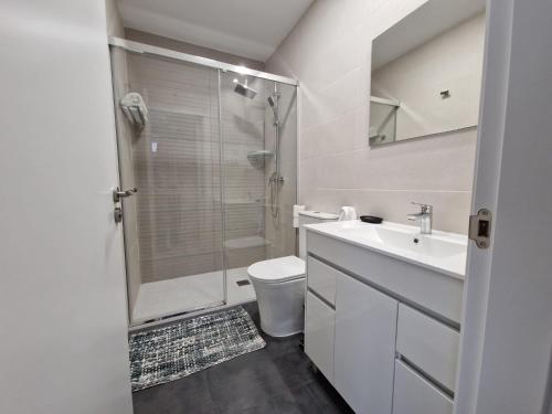 y baño con ducha, aseo y lavamanos. en Malasaña Dreams S,L, en Madrid