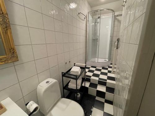 a bathroom with a toilet and a shower and a sink at Jugend 1905 in Ålesund