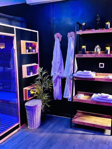 Cette chambre dispose d'étagères violettes et d'un mur bleu. dans l'établissement Love Room Suite Dirty Diana, à Aubagne