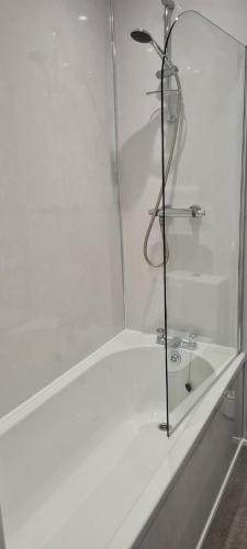 a shower with a glass door next to a sink at The Sanderling in Morecambe
