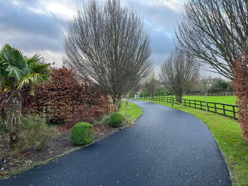 a winding road in a park with trees and a fence at Clara Lodge in Sallins