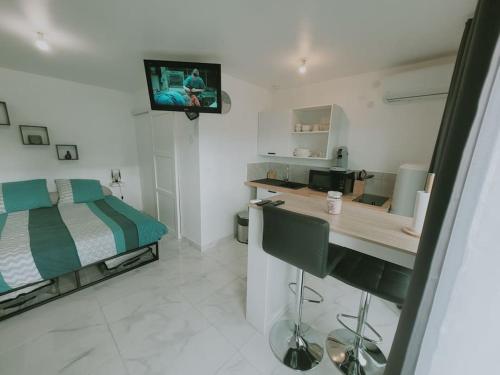 Pokój szpitalny z łóżkiem i telewizorem na ścianie w obiekcie logement indépendant avec terrasse "Les Mésanges" w mieście Juvignac