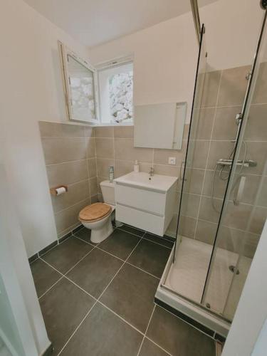 une salle de bain avec toilettes et douche en verre dans l'établissement logement indépendant avec terrasse 