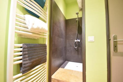 y baño con ducha a ras de suelo y paredes verdes. en Les Mats Du Port, en Marsella