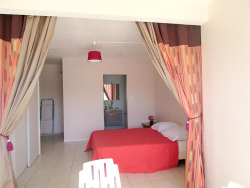 a bedroom with a red bed and a mirror at Studio a Le Gosier a 280 m de la plage avec jardin clos et wifi in Pointe-à-Pitre