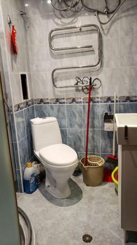 a bathroom with a toilet and a red mop at Apart 32 Govedartsi Forest View in Govedartsi