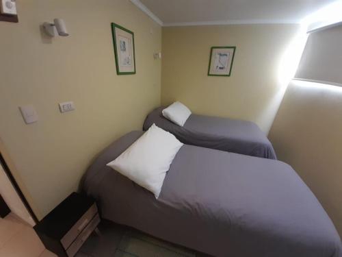 een kleine slaapkamer met 2 bedden bij Holiday Homes Cabañas El Vergel in Osorno