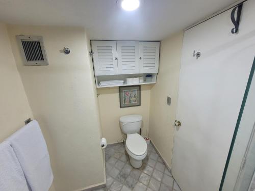 a small bathroom with a toilet and a shower at Beachfront Resort Condo beside la Isla Mall in Puerto Vallarta
