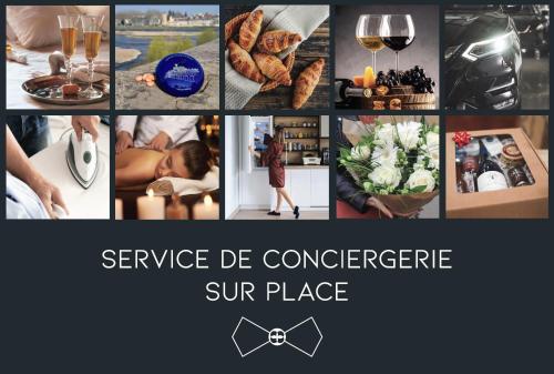 un collage de photos de la nourriture et du vin dans l'établissement Le Sorbier, Style Appart'Hôtel, vers la gare, by PRIMO C0NCIERGERIE, à Nevers