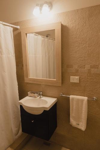 a bathroom with a sink and a mirror at Saint Uriel in Puerto Madryn