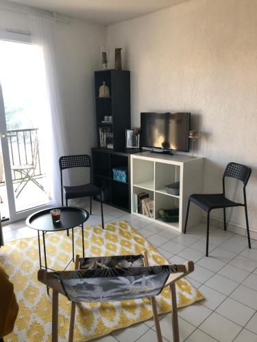 un salon avec deux chaises et une télévision dans l'établissement Appartement vue mer les pieds dans l'eau, à Collioure