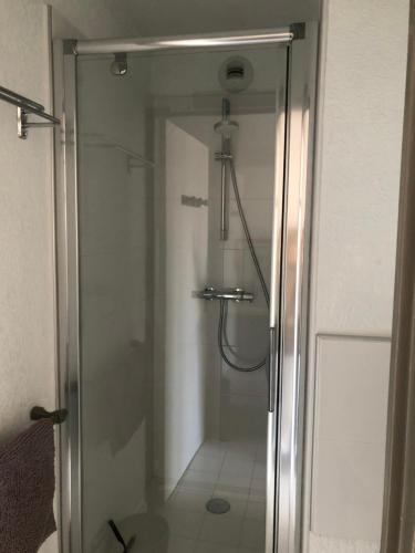 a shower with a glass door in a bathroom at Appartement vue mer les pieds dans l'eau in Collioure