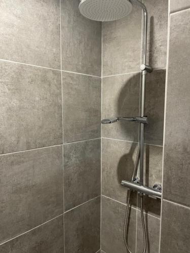 a bathroom with a shower with a shower head at Bel appartement neuf avec jardin, proche mer in Calais