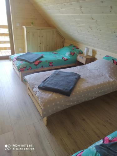 a bedroom with two beds in a attic at Dom letniskowy Krzyś in Przejma Wielka