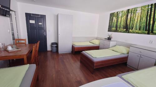 Pokój z 2 łóżkami, stołem i biurkiem w obiekcie Ubytování Barborka w Ołomuńcu
