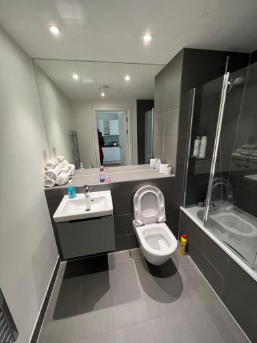 克羅伊登的住宿－Lovely apartment in the centre of Croydon，浴室配有卫生间、盥洗盆和淋浴。