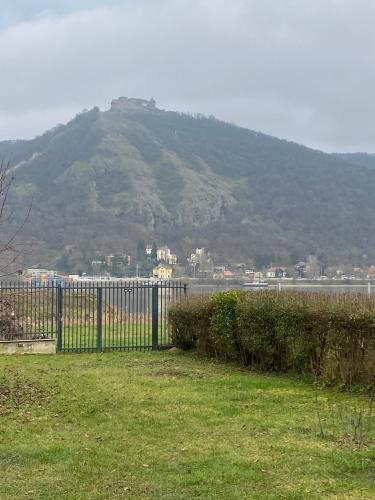 a mountain in the distance with a fence and grass at Fotel Dunakanyar in Nagymaros