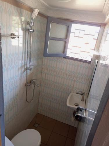 a bathroom with a toilet and a sink and a window at Gallaghers city ( YameHome ) in Bangangté