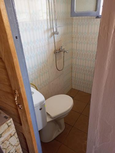 a small bathroom with a toilet and a shower at Gallaghers city ( YameHome ) in Bangangté
