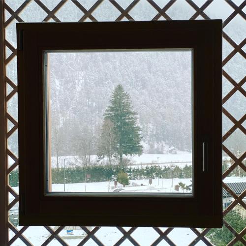 a window with a view of a tree in the snow at Les Ciases Chalets Dolomites in San Vigilio Di Marebbe