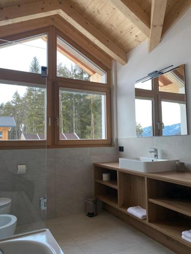 a bathroom with a sink and a glass shower at Les Ciases Chalets Dolomites in San Vigilio Di Marebbe