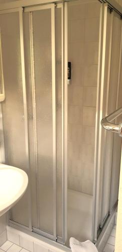 a shower with a glass door in a bathroom at Villa Helvetia in Bad Elster
