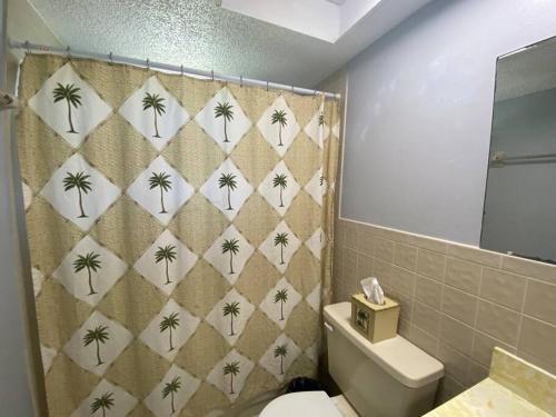 een badkamer met een douchegordijn en een toilet bij Professor Rousseau's Palm Paradise in Crystal River