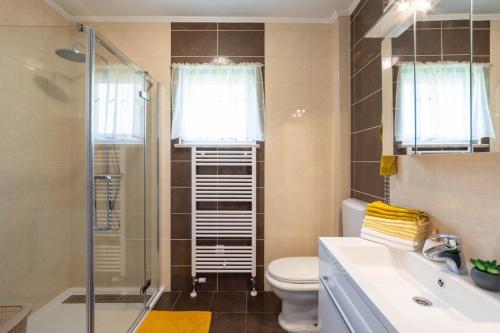 uma casa de banho com um chuveiro, um WC e um lavatório. em Villa Fila em Sinj