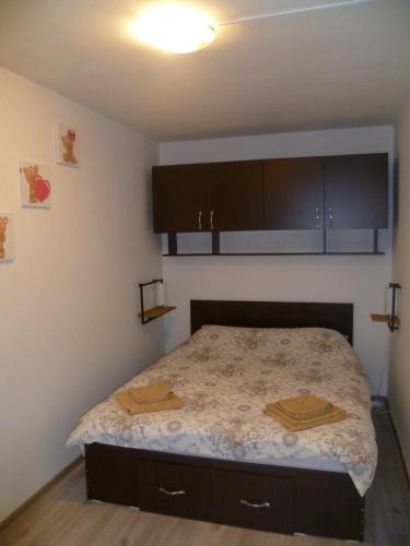 una camera da letto con un letto su cui sono appoggiati due asciugamani di Romanilor - Studio First Floor a Deva