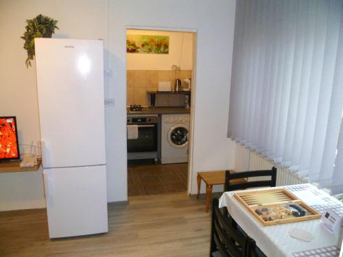 kuchnia z białą lodówką i stołem w obiekcie Romanilor - Studio First Floor w mieście Deva