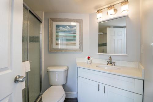 a bathroom with a toilet and a sink and a mirror at Fiesta Key RV Resort Waterfront Cottage 33 in Layton