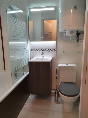 une salle de bain avec toilettes, lavabo et miroir dans l'établissement Cabourg Au P'tit Nid, cocon au bord de mer, à Cabourg