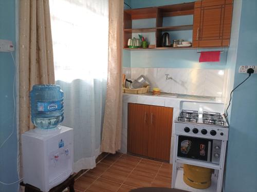 a small kitchen with a stove and a sink at Devine Studio in Naivasha Town in Naivasha