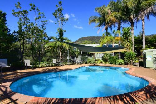 a swimming pool with a hammock in a yard at Craigies Cabin in Kangaroo Valley